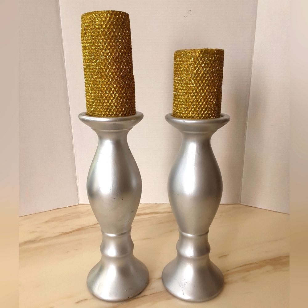 Pair of Metallic Silver Ceramic Candle Sticks 12.5" T